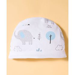 Babyhug Cotton Knit Full Sleeves Footed Sleepsuit & Cap With Elephant & Jungle Print - White