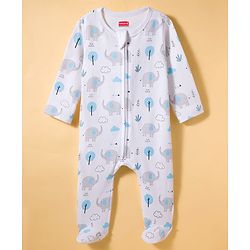 Babyhug Cotton Knit Full Sleeves Footed Sleepsuit & Cap With Elephant & Jungle Print - White