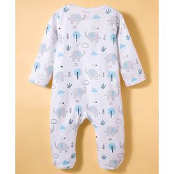 Babyhug Cotton Knit Full Sleeves Footed Sleepsuit & Cap With Elephant & Jungle Print - White