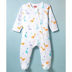 Babyhug Cotton Knit Full Sleeves Footed Sleepsuit With Dino Print & Cap - White