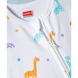Babyhug Cotton Knit Full Sleeves Footed Sleepsuit With Dino Print & Cap - White