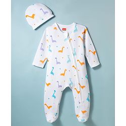 Babyhug Cotton Knit Full Sleeves Footed Sleepsuit With Dino Print & Cap - White
