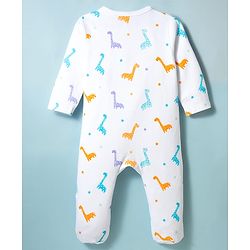 Babyhug Cotton Knit Full Sleeves Footed Sleepsuit With Dino Print & Cap - White