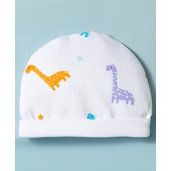 Babyhug Cotton Knit Full Sleeves Footed Sleepsuit With Dino Print & Cap - White