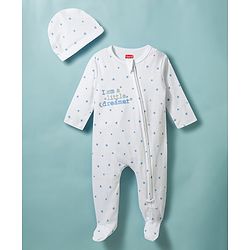 Babyhug Cotton Knit Full Sleeves Star Printed Sleepsuit With Cap - White