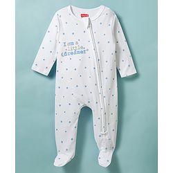 Babyhug Cotton Knit Full Sleeves Star Printed Sleepsuit With Cap - White