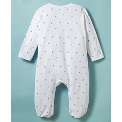 Babyhug Cotton Knit Full Sleeves Star Printed Sleepsuit With Cap - White