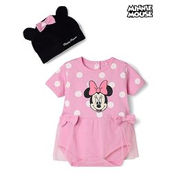 Babyhug Disney Interlock Knit Half Sleeves Onesie and Cap With Minnie Mouse Graphic and Applique Detailing - Pink
