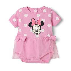 Babyhug Disney Interlock Knit Half Sleeves Onesie and Cap With Minnie Mouse Graphic and Applique Detailing - Pink