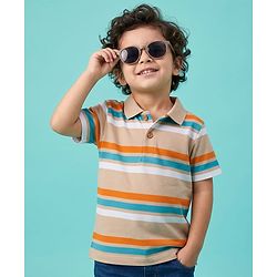 Babyhug 100% Cotton Knit Half Sleeves Polo T-Shirt With Stripes - Tan