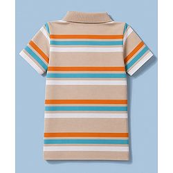Babyhug 100% Cotton Knit Half Sleeves Polo T-Shirt With Stripes - Tan