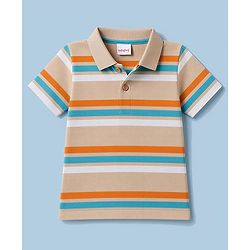 Babyhug 100% Cotton Knit Half Sleeves Polo T-Shirt With Stripes - Tan