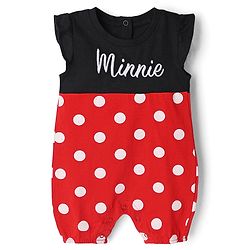 Babyhug Disney Interlock Knit Frill Sleeves Romper and Cap With Minnie Mouse Graphic - Red