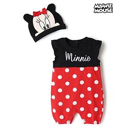 Babyhug Disney Interlock Knit Frill Sleeves Romper and Cap With Minnie Mouse Graphic - Red