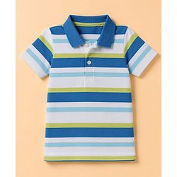 Babyhug 100% Cotton Knit Half Sleeves Polo T-Shirt with Stripes - White & Blue