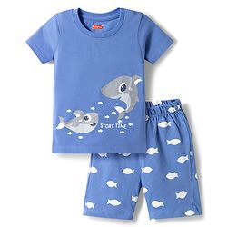 Babyhug Cotton Knit Half Sleeves T-Shirt & Shorts Night Suit with Whale Print - Blue