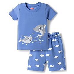 Babyhug Cotton Knit Half Sleeves T-Shirt & Shorts Night Suit with Whale Print - Blue