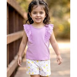 Babyhug Single Jersey Knit Half Sleeves Top & Shorts Set With Floral Print - Lavender & White