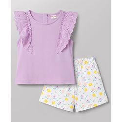 Babyhug Single Jersey Knit Half Sleeves Top & Shorts Set With Floral Print - Lavender & White