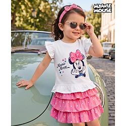 Babyhug Disney 100% Cotton Knit Half Frill Sleeves Top With Layered Skirt With Headband With Polka Dots & Minnie Mouse Graphic- White & Pink