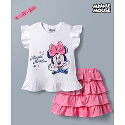 Babyhug Disney 100% Cotton Knit Half Frill Sleeves Top With Layered Skirt With Headband With Polka Dots & Minnie Mouse Graphic- White & Pink