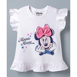Babyhug Disney 100% Cotton Knit Half Frill Sleeves Top With Layered Skirt With Headband With Polka Dots & Minnie Mouse Graphic- White & Pink