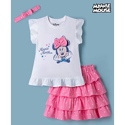 Babyhug Disney 100% Cotton Knit Half Frill Sleeves Top With Layered Skirt With Headband With Polka Dots & Minnie Mouse Graphic- White & Pink