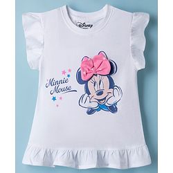 Babyhug Disney 100% Cotton Knit Half Frill Sleeves Top With Layered Skirt With Headband With Polka Dots & Minnie Mouse Graphic- White & Pink