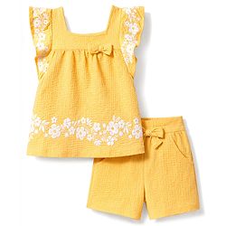 Babyhug Cotton Woven Sleeveless Top & Shorts Set With Floral Embroidery - Yellow
