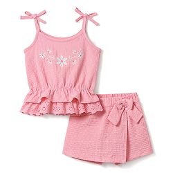 Babyhug Single Jersey Knit Sleeveless Top & Skorts Set With Floral Print - Pink