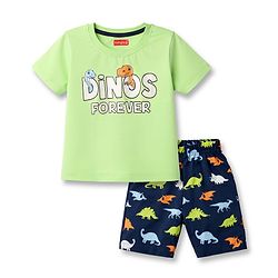 Babyhug Cotton Knit Half Sleeves T-Shirt & Shorts Night-Suit With Dino Print - Green