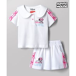 Babyhug Disney Single Jersey Knit Half Sleeves Top & Skirt Set With Minnie Mouse Graphic - White & Pink