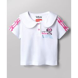 Babyhug Disney Single Jersey Knit Half Sleeves Top & Skirt Set With Minnie Mouse Graphic - White & Pink