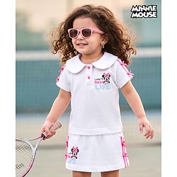 Babyhug Disney Single Jersey Knit Half Sleeves Top & Skirt Set With Minnie Mouse Graphic - White & Pink