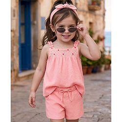 Babyhug Single Jersey Knit Sleeveless Top & Shorts Set With Floral Embroidery - Pink