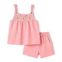 Babyhug Single Jersey Knit Sleeveless Top & Shorts Set With Floral Embroidery - Pink