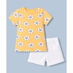 Babyhug Single Jersey Knit Half Sleeves Floral Printed T-Shirt & Shorts Set - Orange & White