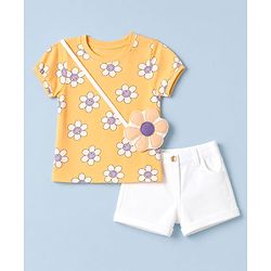 Babyhug Single Jersey Knit Half Sleeves Floral Printed T-Shirt & Shorts Set - Orange & White