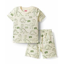 Babyhug Cotton Knit Half Sleeves Dino Printed Co-Ords T-Shirt & Shorts Night Suit - Cream