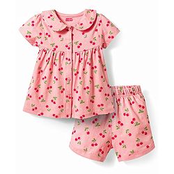 Babyhug Cotton Knit Half Sleeves Cherry Printed Co-Ords Top & Shorts Night Suit - Pink