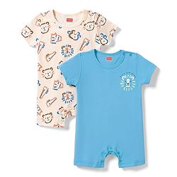 Babyhug 100% Cotton Interlock Knit Half Sleeves Romper Animal Face Print Pack of 2 - Blue