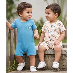 Babyhug 100% Cotton Interlock Knit Half Sleeves Romper Animal Face Print Pack of 2 - Blue