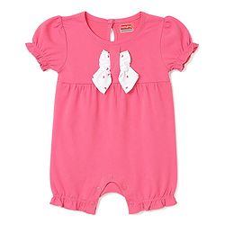 Babyhug 100% Cotton Knit Half Sleeves Hearts Printed Romper With Headband - Dark Pink