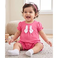 Babyhug 100% Cotton Knit Half Sleeves Hearts Printed Romper With Headband - Dark Pink