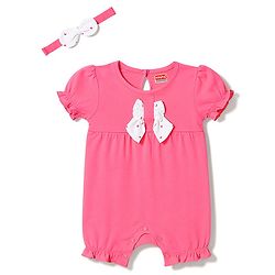 Babyhug 100% Cotton Knit Half Sleeves Hearts Printed Romper With Headband - Dark Pink