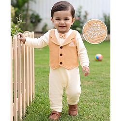Babyhug 100% Cotton Woven Full Sleeves Text Embroidered Party Romper With Attached Waistcoat & Bow Applique - White & Peach