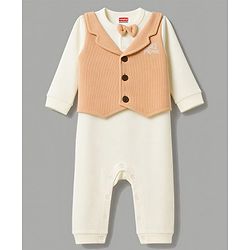 Babyhug 100% Cotton Woven Full Sleeves Text Embroidered Party Romper With Attached Waistcoat & Bow Applique - White & Peach