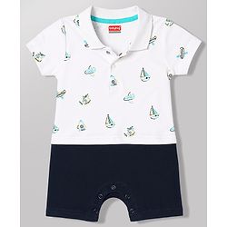 Babyhug 100% Cotton Knit Half Sleeves Vehicles Printed Romper - Multicolor