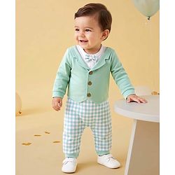 Babyhug 100% Cotton Interlock Woven Half Sleeves Partywear Checked Pattern Romper With Attached Waistcoat & Bow - Light Green