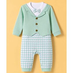 Babyhug 100% Cotton Interlock Woven Half Sleeves Partywear Checked Pattern Romper With Attached Waistcoat & Bow - Light Green